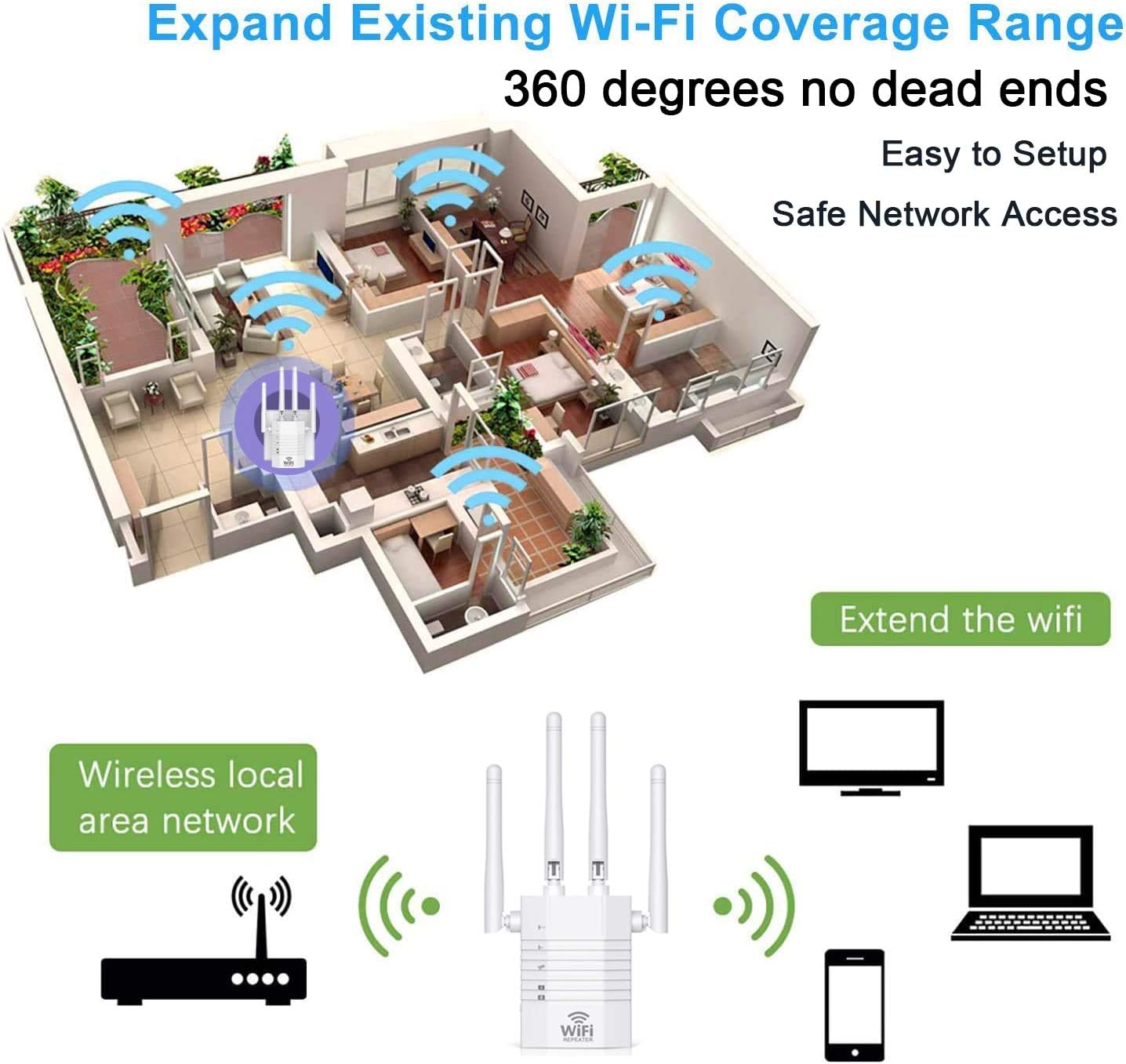 All-New WiFi Extender Internet Long Range Booster up to 9800 sq.ft - Wi-Fi Signal Amplifier Repeater with Ethernet Port & Access Point Mode,1-Tap Setup, 5 Working Modes, Alexa Devices Compatible