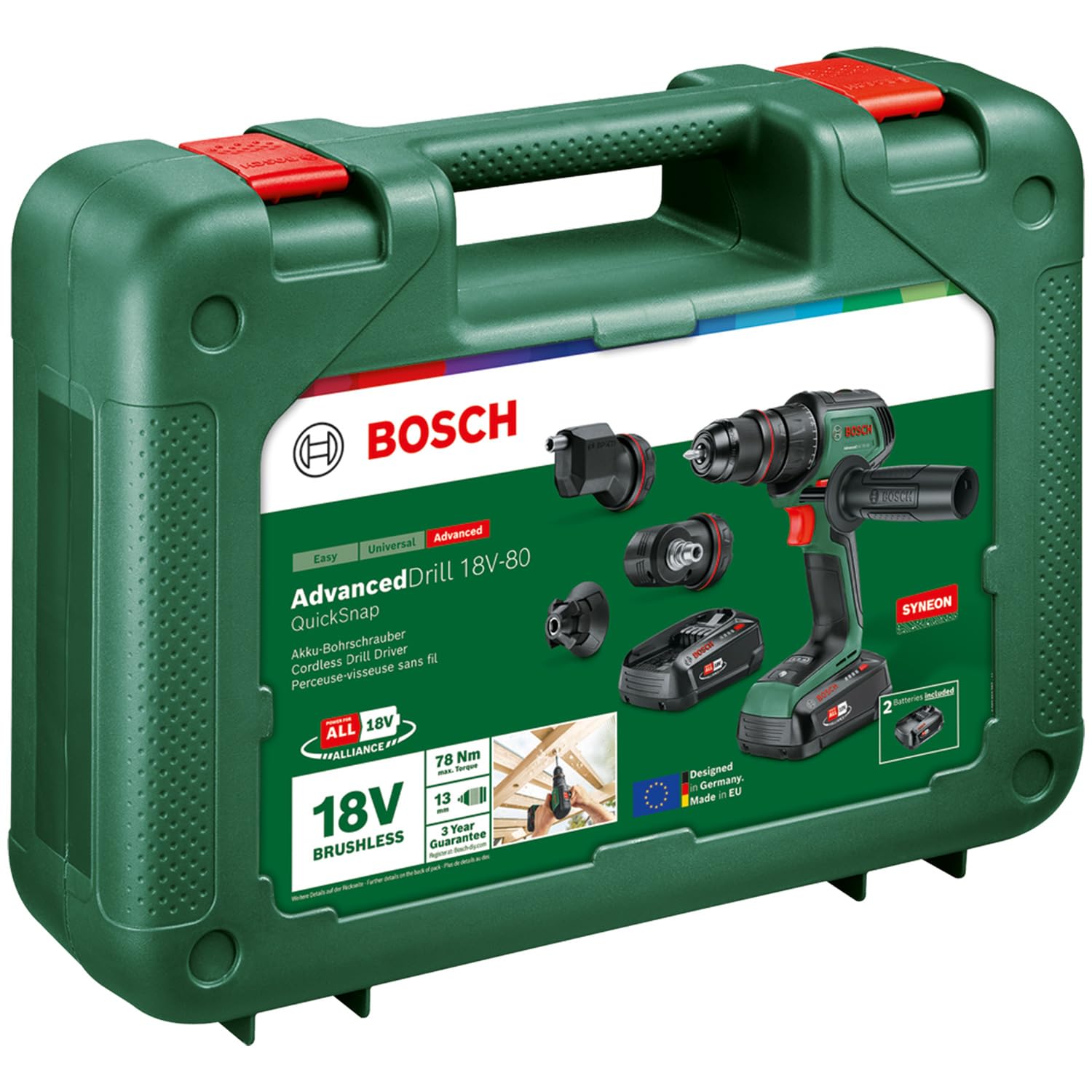 Bosch perceuse-visseuse sans fil AdvancedDrill 18V-80 QuickSnap (percer et visser ; avec renvoi d'angle, porte-embout exc. et magnét; poignée aux; avec batterie et chargeur)
