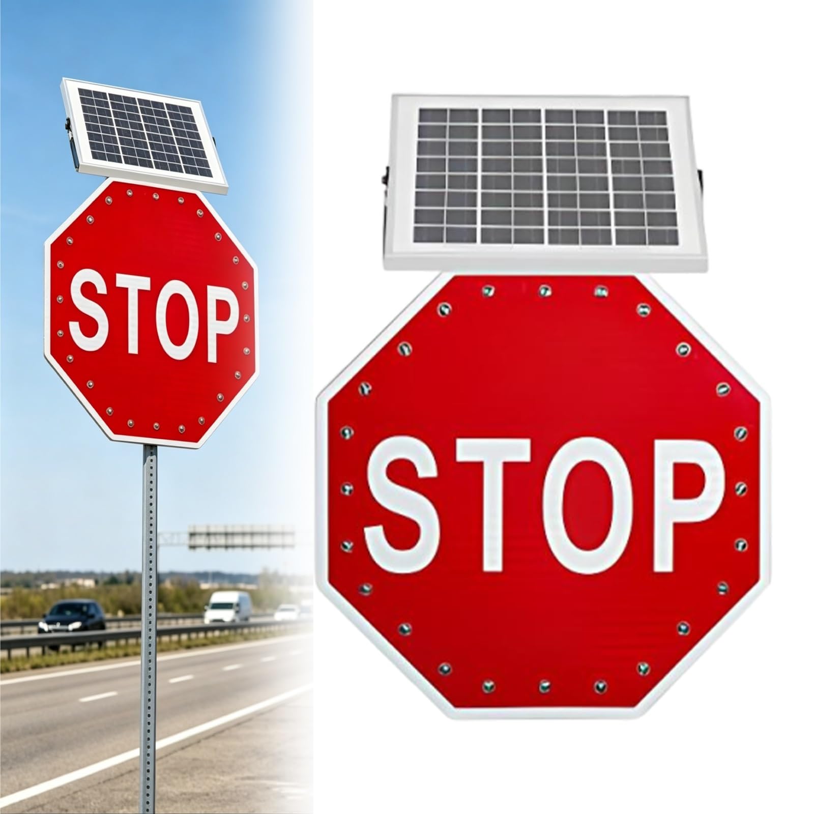 Señal de Stop Alimentado con Energía Solar, Cartel Octogonal LED, Marco en Aluminio, Alta Visibilidad, para Carreteras Rurales, Aparcamientos Públicos y Pasos Peatonales(24")