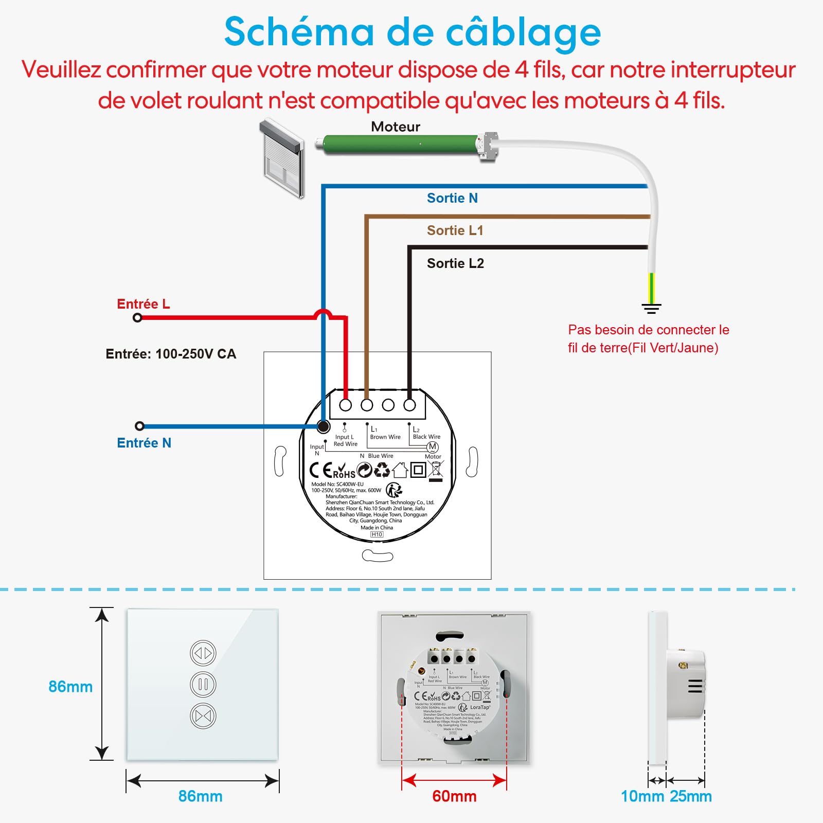 LoraTap 4x Interrupteur Volet Roulant Connecté, Ouverture Réglable, Commutateur Rideau Stores WiFi, Compatible avec Alexa Google Home pour Commande Vocale, Minuterie Intelligent Moteur Mural