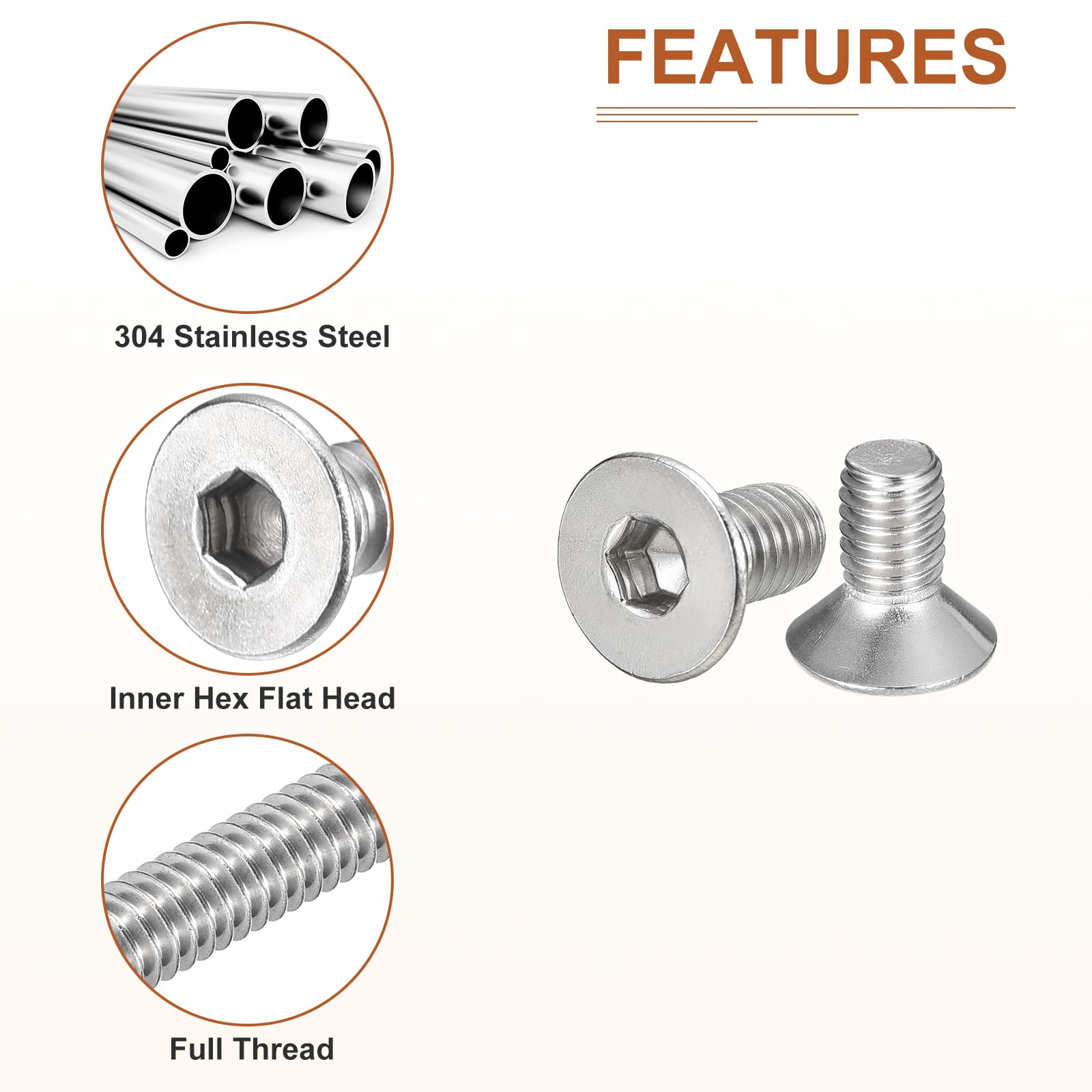 DTGN M6-1 x 12mm Flat Head Socket Cap Screws, 100 Pack 304 Stainless Steel Hex Socket Flat Head Screws, Full Thread, Countersunk Bolts - Image 4