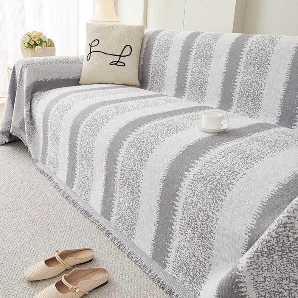 Highdi Chenille Sofa Throws Large, Reversible Extra Large Throws for Settees, Modern Style Versatile Soft Throw Blanket with Tassels for Settees Couch Sofa Bed (90x90cm,Grey)