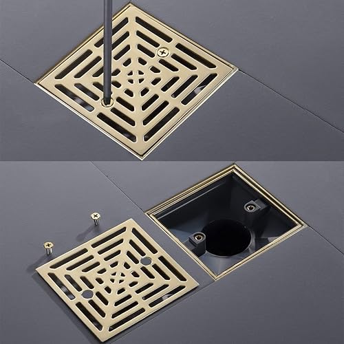 Miniatura 6 de RANDOM Drenaje de ducha de 4 pulgadas cuadrado dorado cepillado con brida de base de PVC ajustable, drenaje de piso de ducha de acero inoxidable