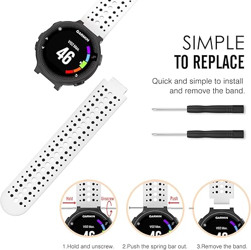 Miniatura 6 de MoKo, banda ajustable de silicona suave, repuesto de correa para Garmin Forerunner 235 Blanco y negro