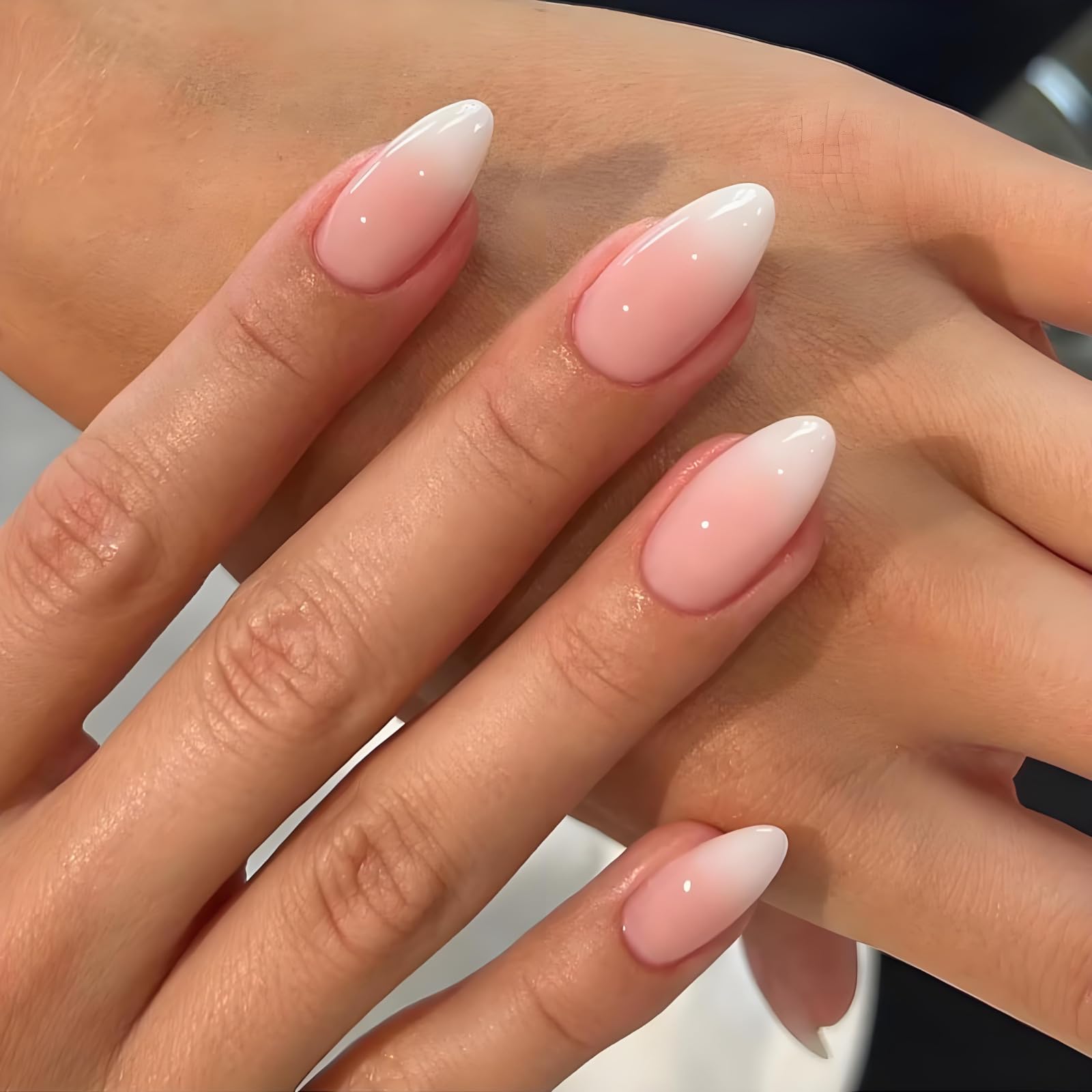 Gradient Nude Press on Nails Medium Almond Sparkly Gray Glossy Acrylic Artificial Natural Cute Ombre Summer Full Cover Glue on Fake Nails for Women