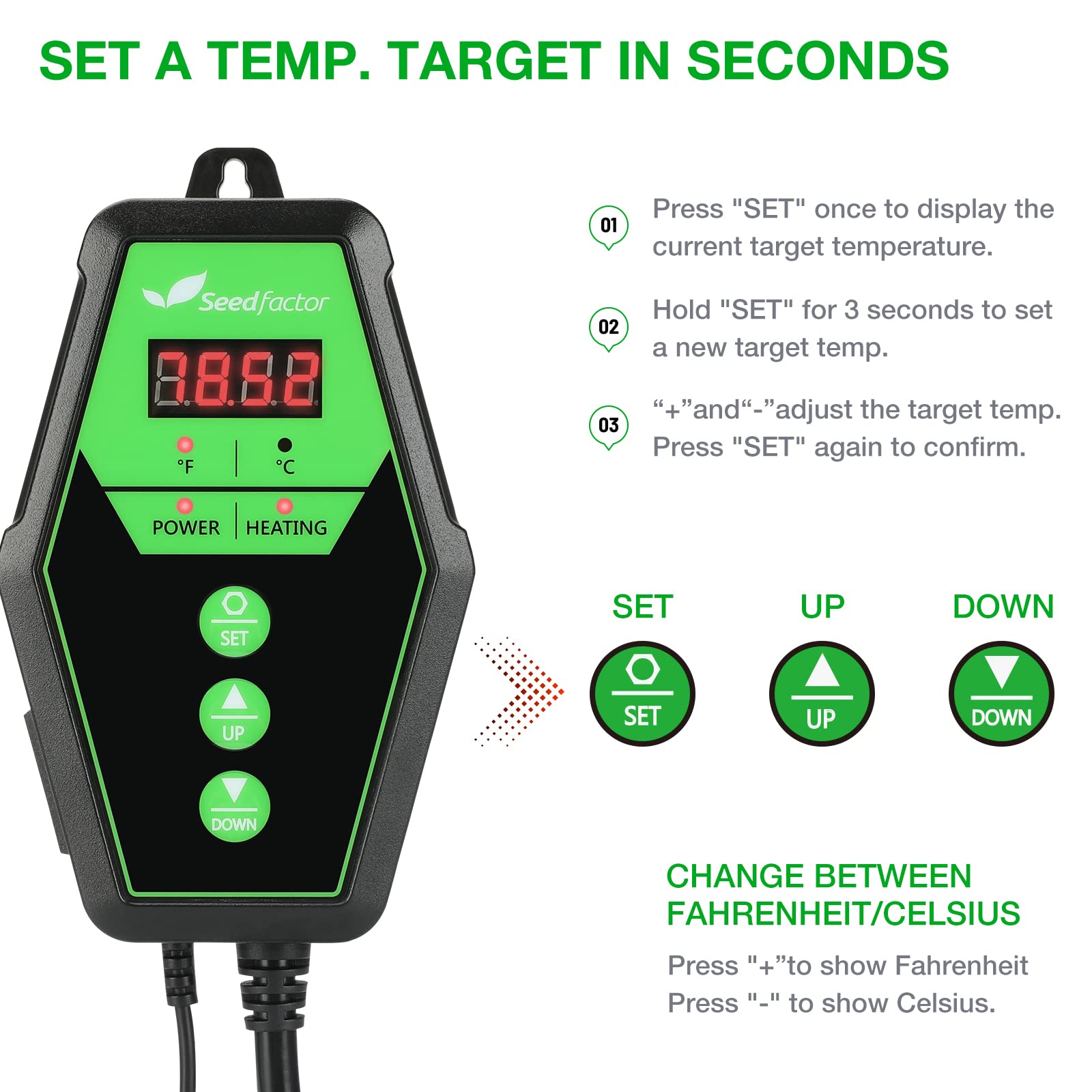 Seedfactor Digital Heat Mat Thermostat Controller for Seed Germination, Reptiles and Brewing Breeding Incubation Greenhouse, 40-108°F, 8.3A 1000W FCC-Certified, UL-Listed - image 6