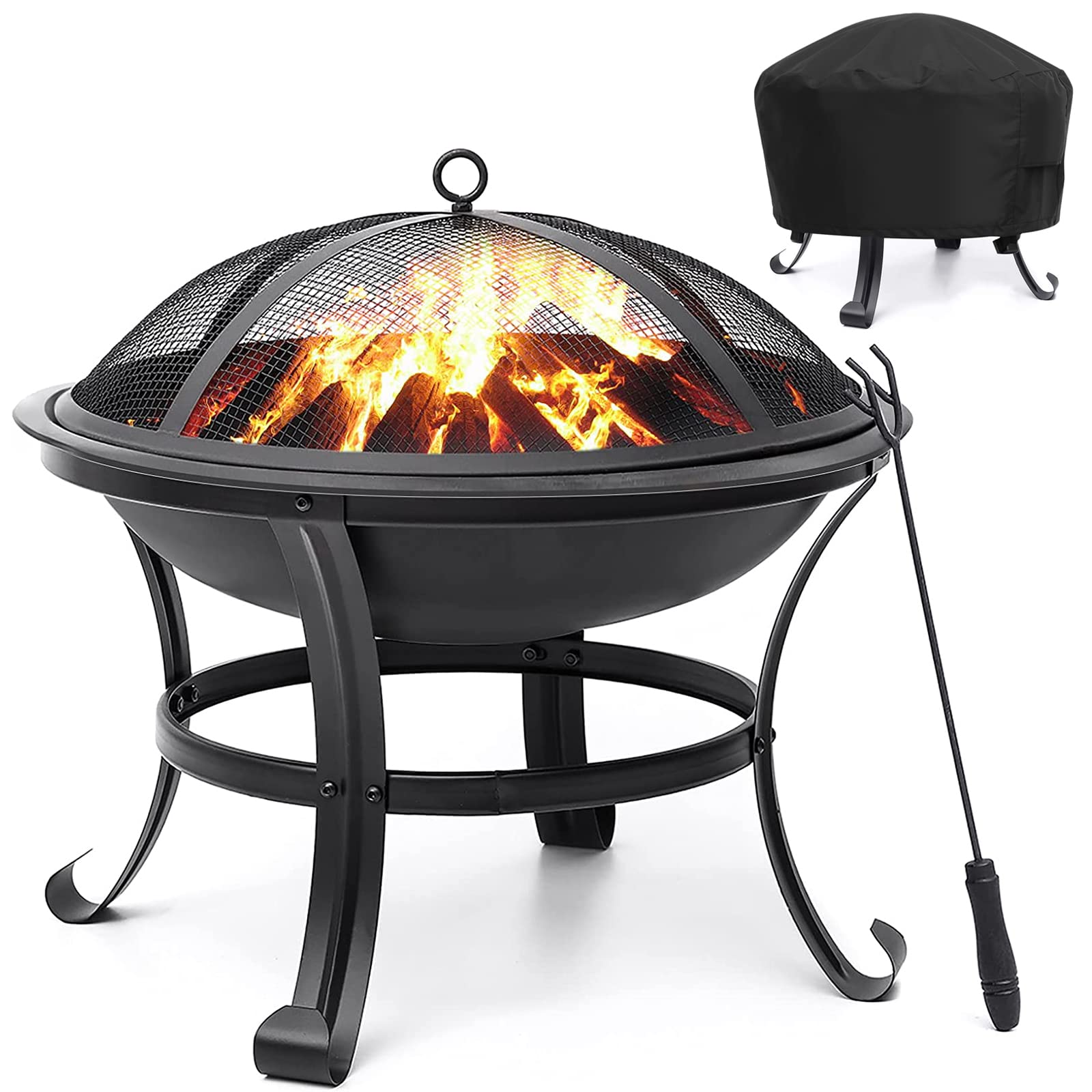 SINGLYFIRE 22 inch Fire Pit with Fire Pit Cover Small Firepit for Outside Camping 420D Heavy Duty Oxford Fabric Outdoor Patio Firepit Cover Round with PVC Coating Air Vents (Transport in 2 Packages)