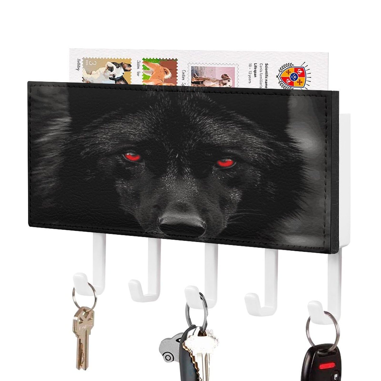 Fekiloot White-Style Black Red Eyed Wolf Key Holder Wall Mount Key And Mail Holder Key Hanger With 5 Hooks Decorative Pu Key Rack Hanging Key Hooks For Wall Living Room Kitchen Bathroom Hallway