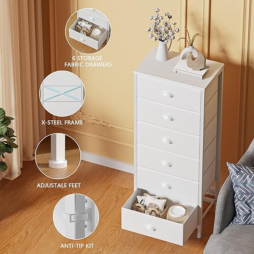 Miniatura 6 de Furnulem Cómoda alta blanca para dormitorio, torre de almacenamiento vertical y mesa auxiliar con 6 cajones, muebles de mesita de noche con