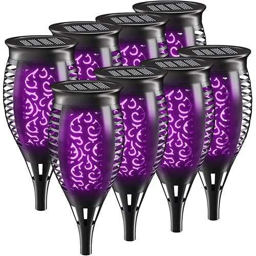Solar Tiki Torch Lights with Flickering Flames for Garden, Torch Stake Light Outdoor Decorative, Waterproof Landscape Flame Lights with Auto On/Off for Garden Party Pathway (8 Pack Purple, 12 LEDs)