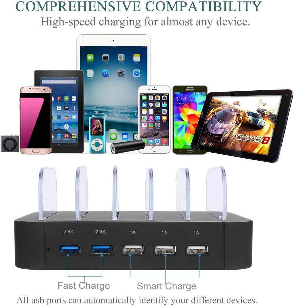 Charging Station 5 Port Usb Charger Quick Charge Charging Dock, Cell Phone Charger Multi Port Usb Desktop Charging Station for Multiple Devices, Multi Device Charging Station for iphone, ipad, Tablet