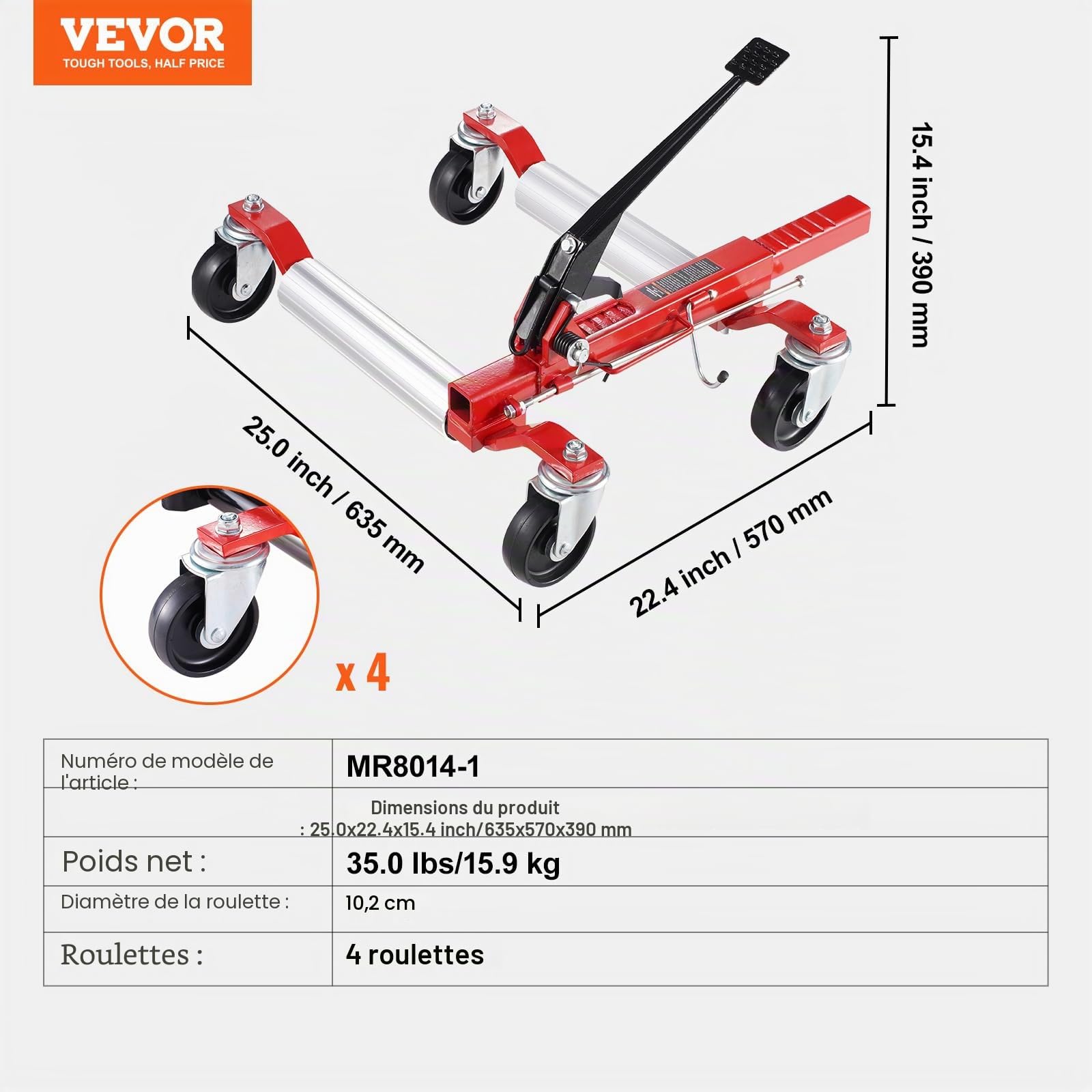 VEVOR Chariot de Manutention de Voiture Capacité de Charge 680 kg, Chariot Déplace Voiture à Cliquet, Aide à la Manœuvre Positionnement pour Véhicule Camion Remorque Atelier Garage Auto