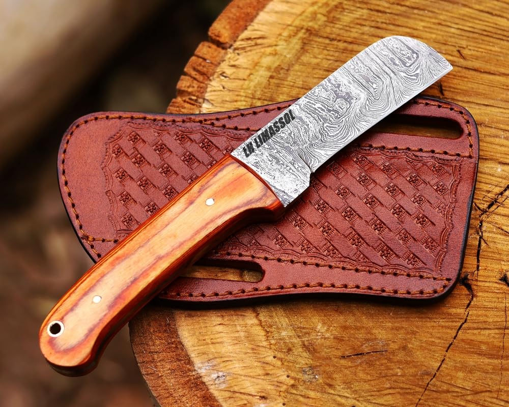 Custom Handmade Damascus steel Bull cutter knife , cowboy knives with pancake leather sheath