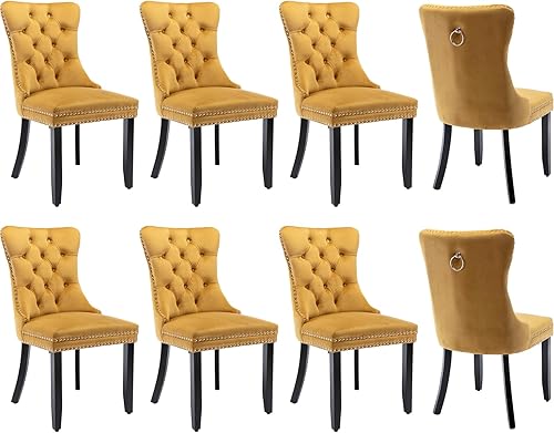 Miniatura 12 de Juego de 4 sillas de comedor de terciopelo, sillas tapizadas con respaldo de alas altas copetudas con ribete de cabeza de clavo y anillo de 01 -