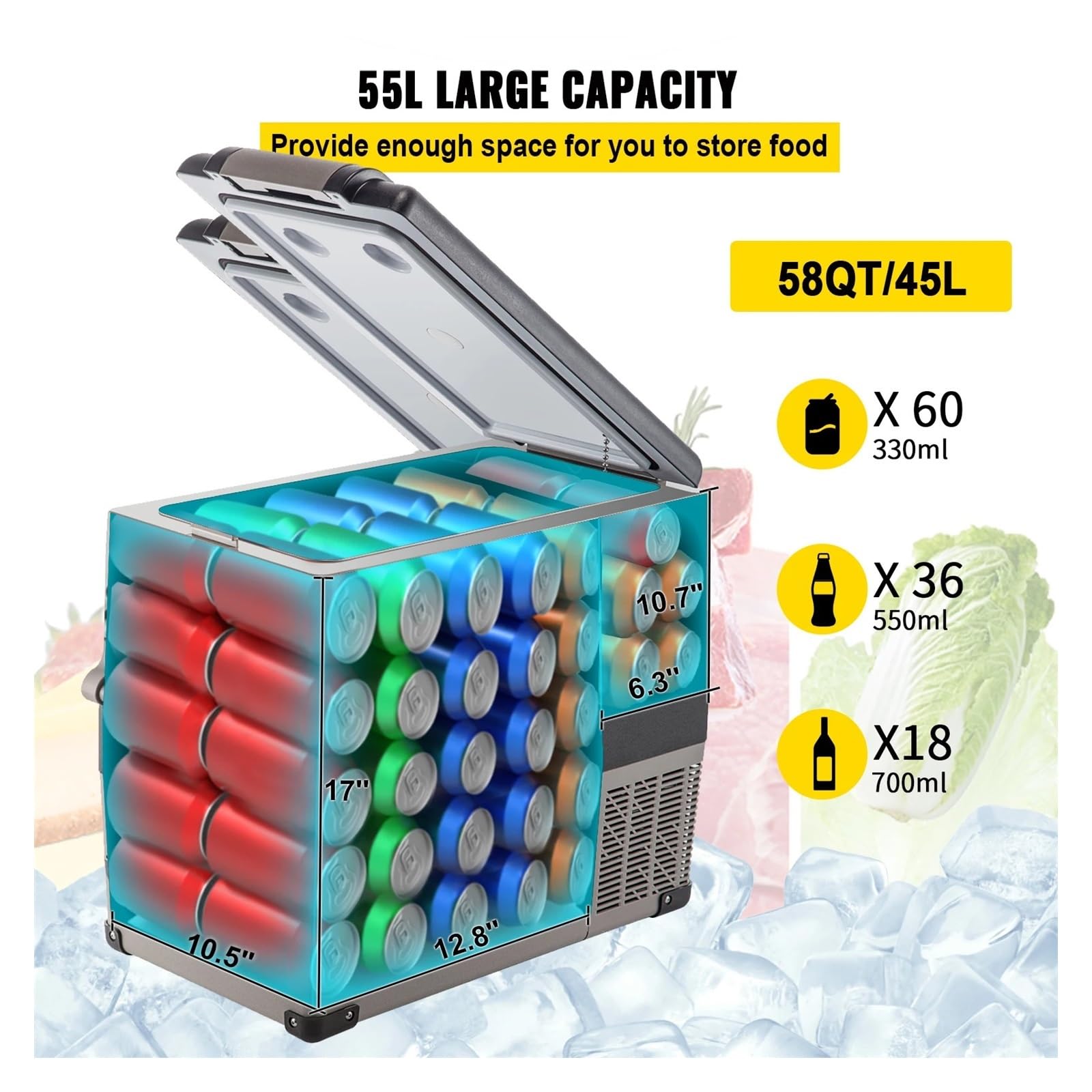 Mini refrigerador portátil for Coche, 20L, 22L, 35L, 45L y 55L, con compresor, 12/24 V CC, 110-240 V, for Camping.(45L)
