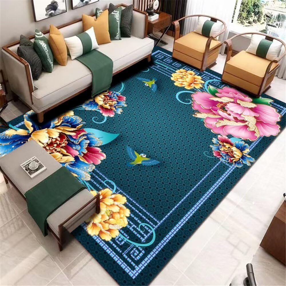 Tapis enfant fille bleu foncé oriental 60x90cm vintage