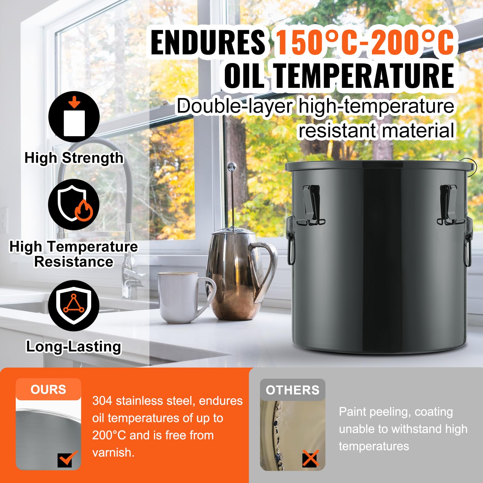 VEVOR Secchio per Grasso per Friggitrice, Contenitore per Smaltimento Olio da 10 Gal Acciaio Inox, Contenitore per Trasporto Olio con Coperchio, Clip di Chiusura, Nero