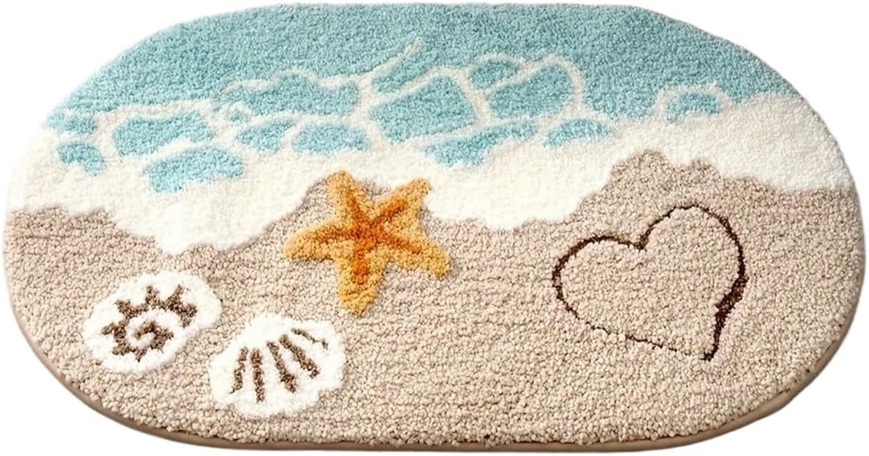 1pc Ocean-Themed Plush Bathroom Mat, Anti-Slip Absorbent Bath with Beach Starfish & Heart Design(50x80cm)