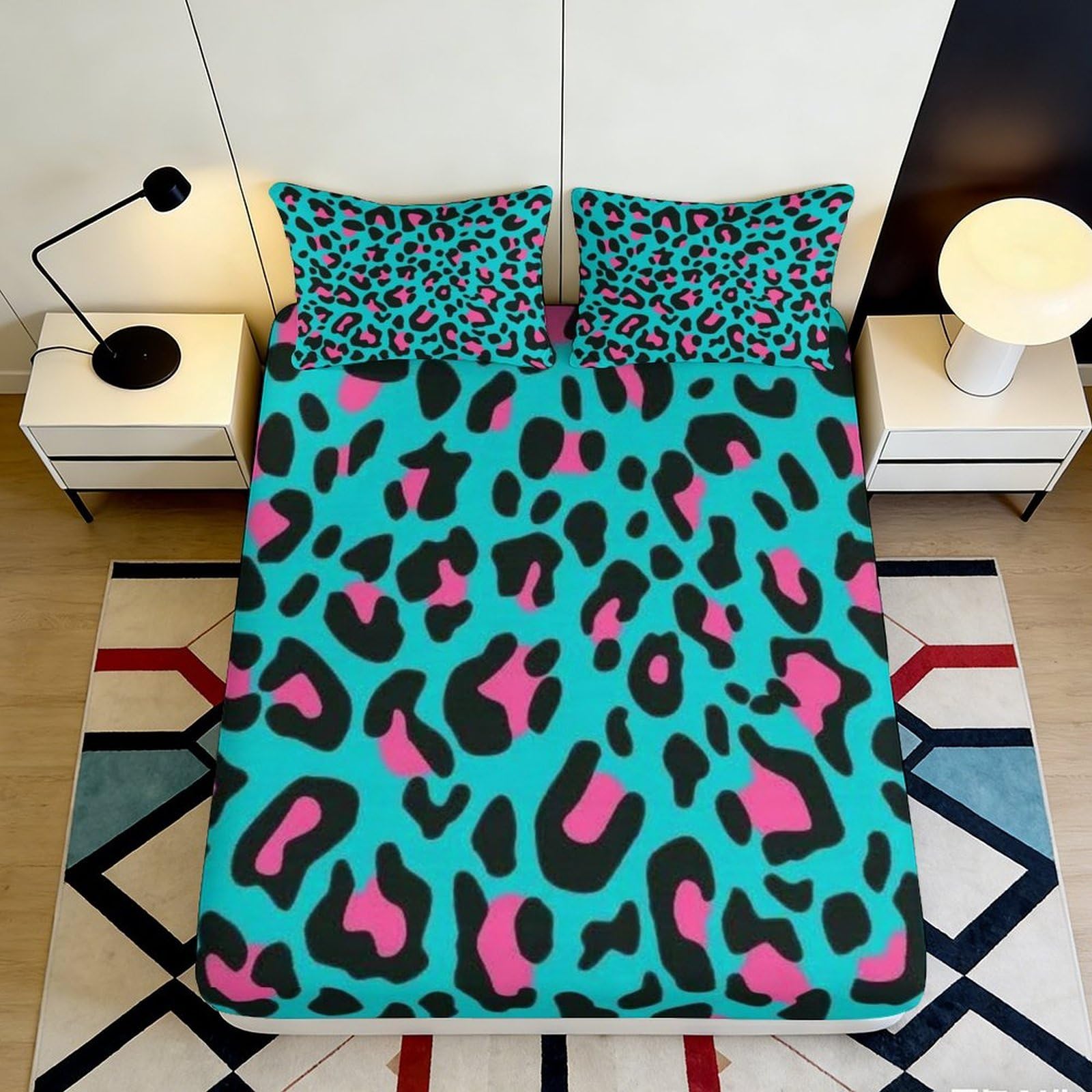 3D Printed Turquoise Leopard Fitted Sheet Microfiber Soft Pink Spot Bed Cover for Bedroom Guest Room Dorm Mattress Decor 90x200x25cm