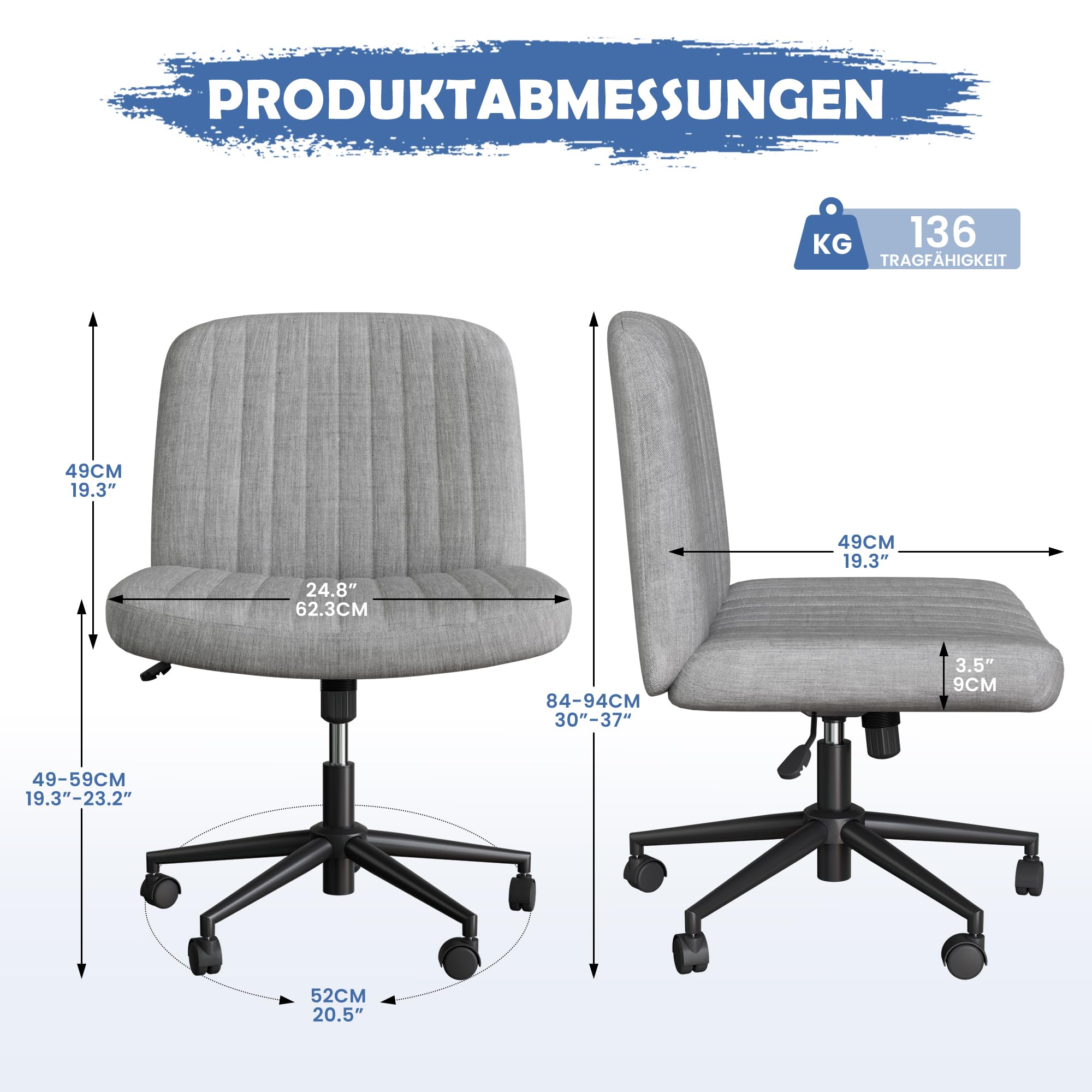Fiona's magic Bürostuhl ohne Armlehnen, Drehstuhl mit Rollen, Höhenverstellbar Schreibtischstuhl, Lesesessel mit Breiterem für Haus, Wohnzimmer, Schminktisch, Grau