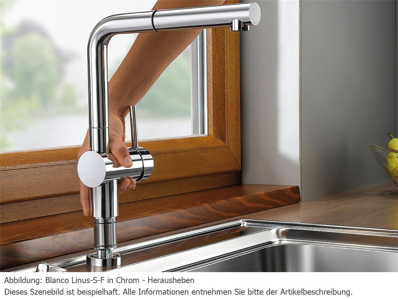 BLANCO LINUS-S-F | Küchenarmatur in chrom | Mit herausziehbarem Schlauch | [11x26,6x28,4 cm] | Vorfensterarmatur zur Montage vor dem Fenster | wassersparend | Niederdruck | Keramik Kartusche