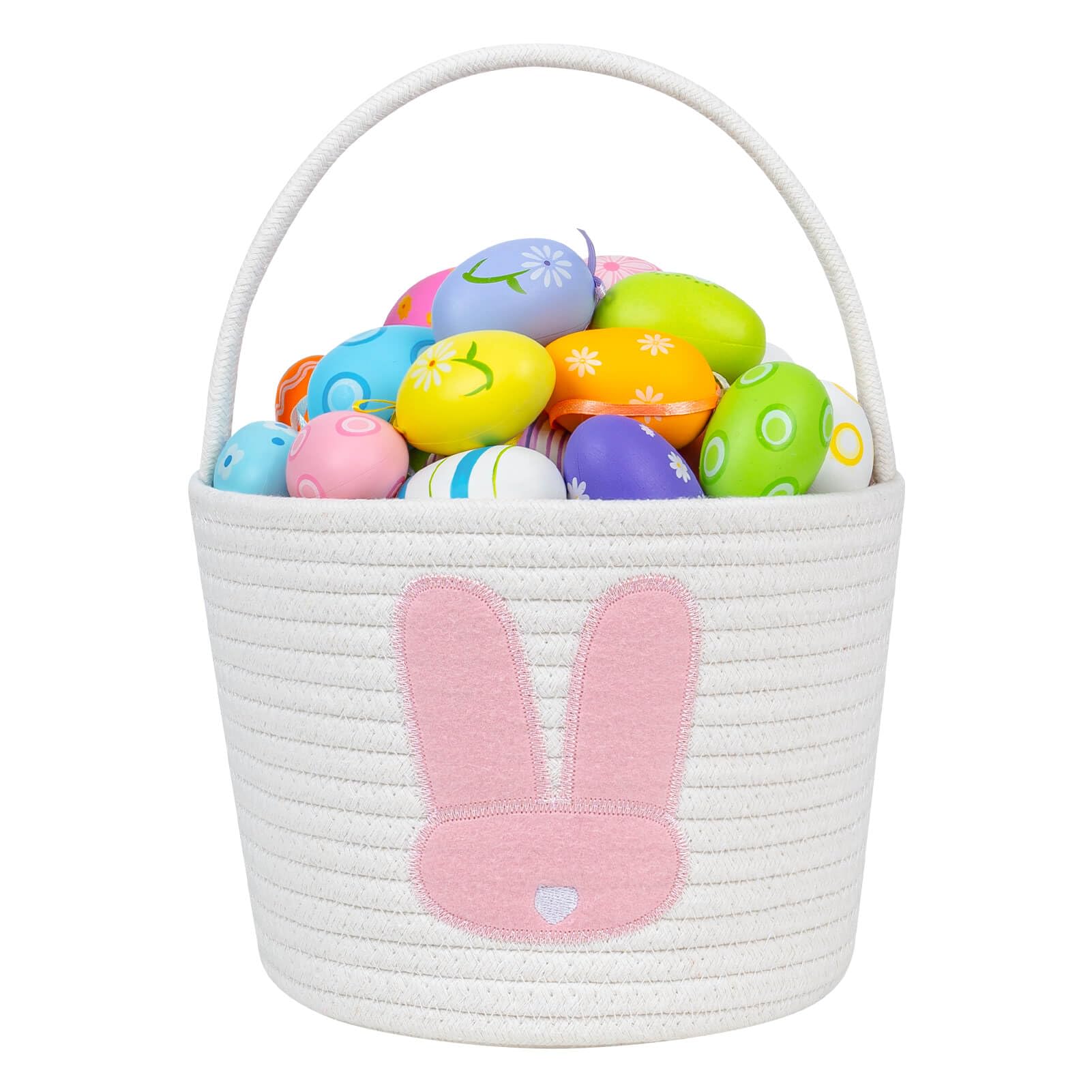 CubesLand Easter Basket for Kids Boys and Girls, Adorable Bunny Basket for Easter Egg Hunts, Soft & Safe Baby’s First Easter Basket, Sturdy Cotton Rope Empty Gift Basket, Festive Décor- Pink-Large