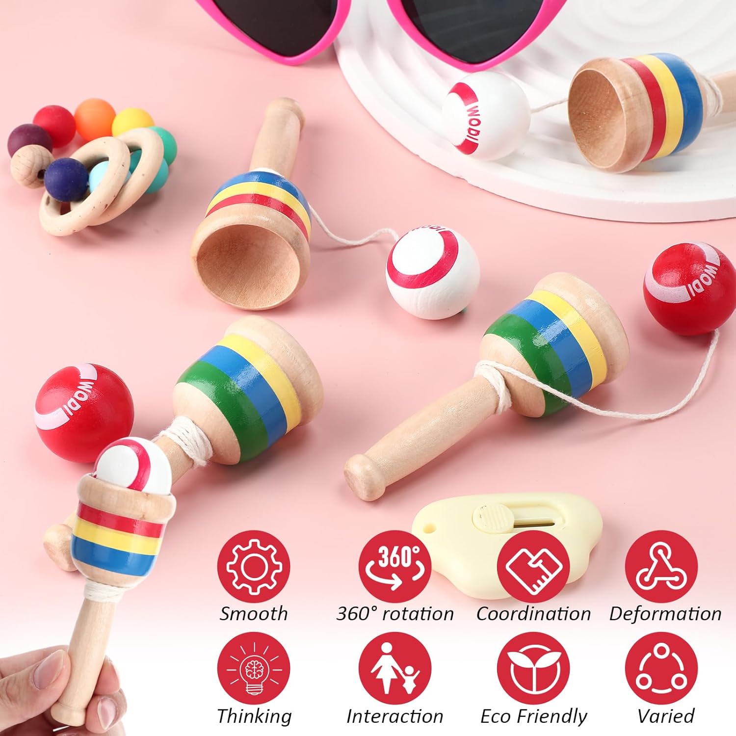 RoundFunny 20 Pcs Wooden Catch Ball Game Mini Wood Ball Catching with String Cup Vintage Catch Toys for Kids Novelty Party Game for Fun Lawn Camping Beach Hand Eye Coordination Educational