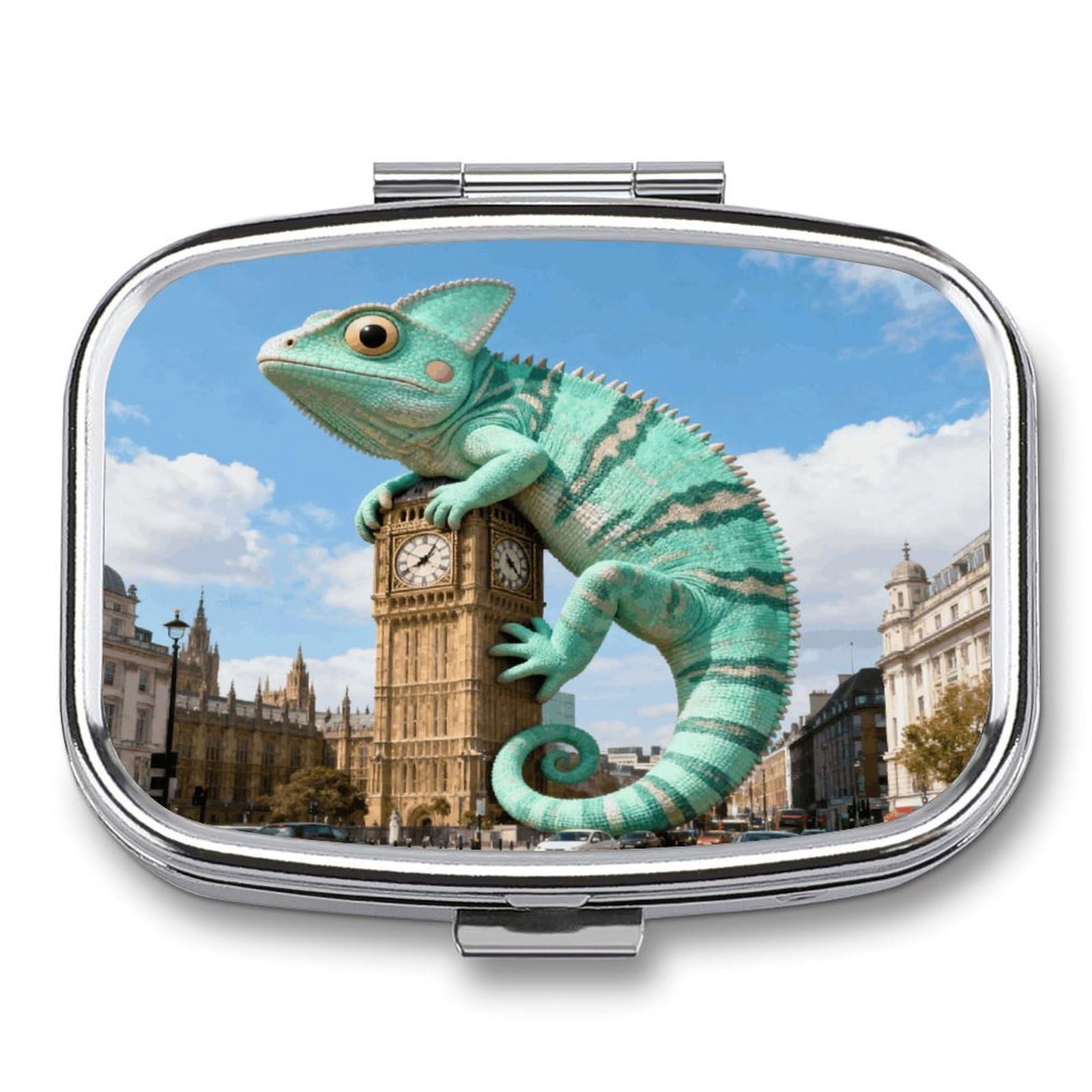 Mint Lizard Clocktower Pill Organizer with Mirror 2 Compartments Waterproof Pill Case for Purse Pocket Non-Slip Grip Travel Medicine Organizer Container Box for Vitamin Fish Oil Supplement