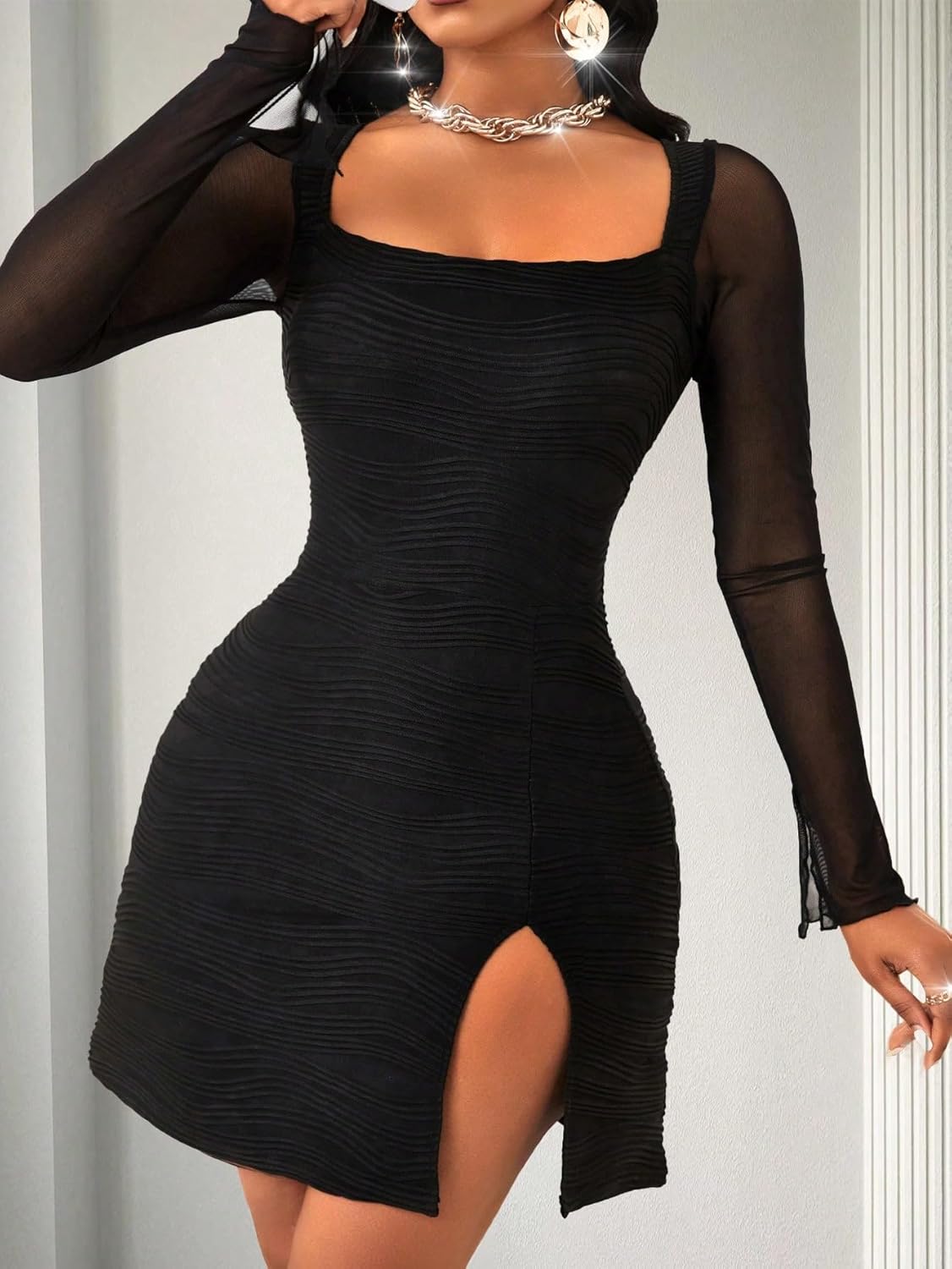 GothDark Women's Sexy Bodycon Dress Mesh Long Sleeve Square Neck Ruched Split Hem Club Party Mini Dresses - Image 5