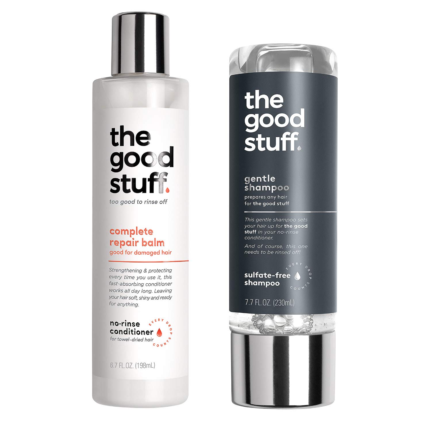 The Good Stuff Sulfate Free and Vegan Shampoo and Repair Balm Leave-In No-Rinse Conditioner kit, For Damaged Hair 7.7 oz and 6.7 oz