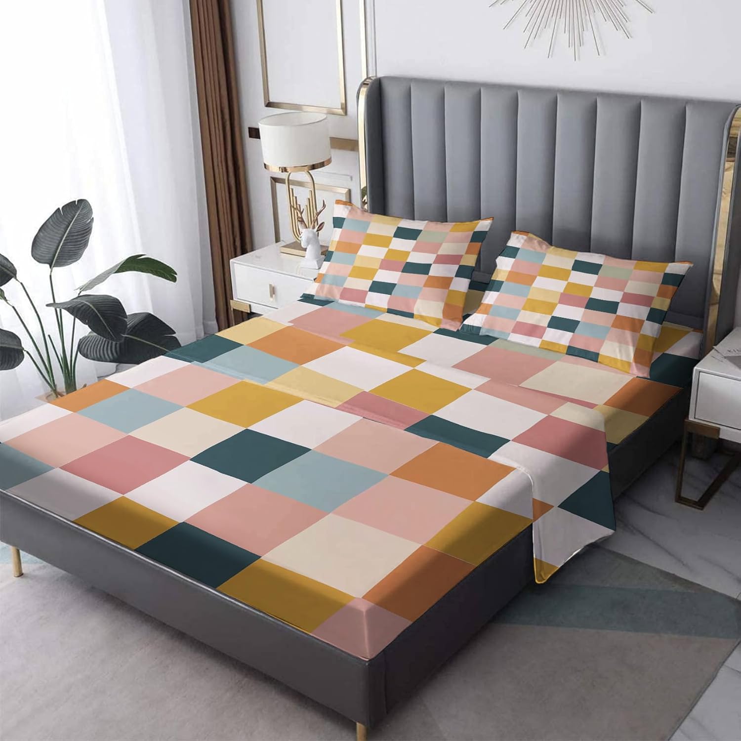 Patchwork Sheets Twin Sheet Set - Geometric Bed Sheets, Soft Microfiber & Deep Pocket & Wrinkle Free Patterned Bedding Sheets & Pillowcases, 1 Fitted Sheet, 1 Flat Sheet, 1 Pillow Case