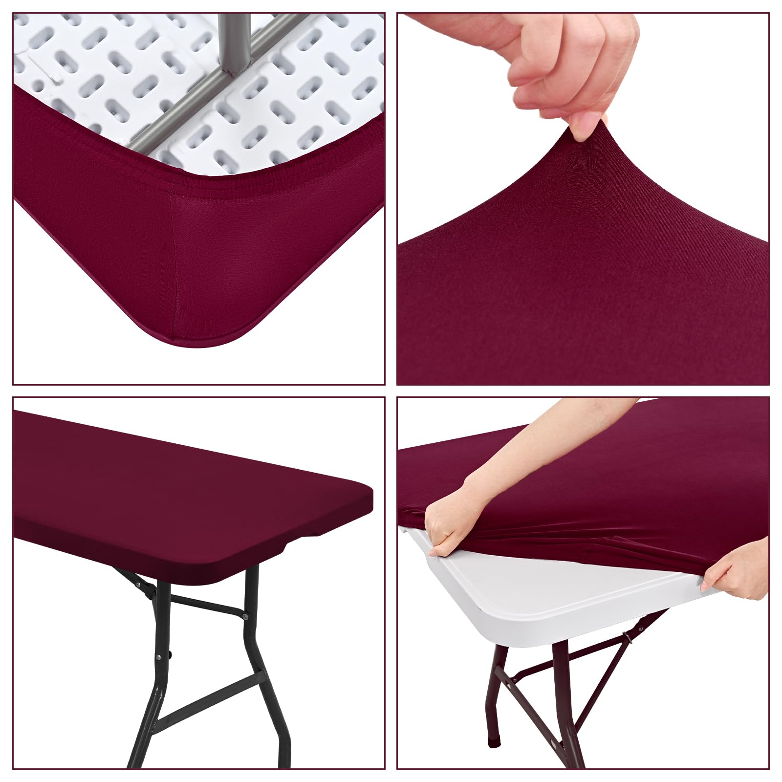 Paquete de 6 manteles de tela elástica para mesas de 8 pies, manteles de elastano lavables y elásticos rectangulares para interiores y exteriores, fiestas, pícnic, bodas, color rojo vino, 76 cm de
