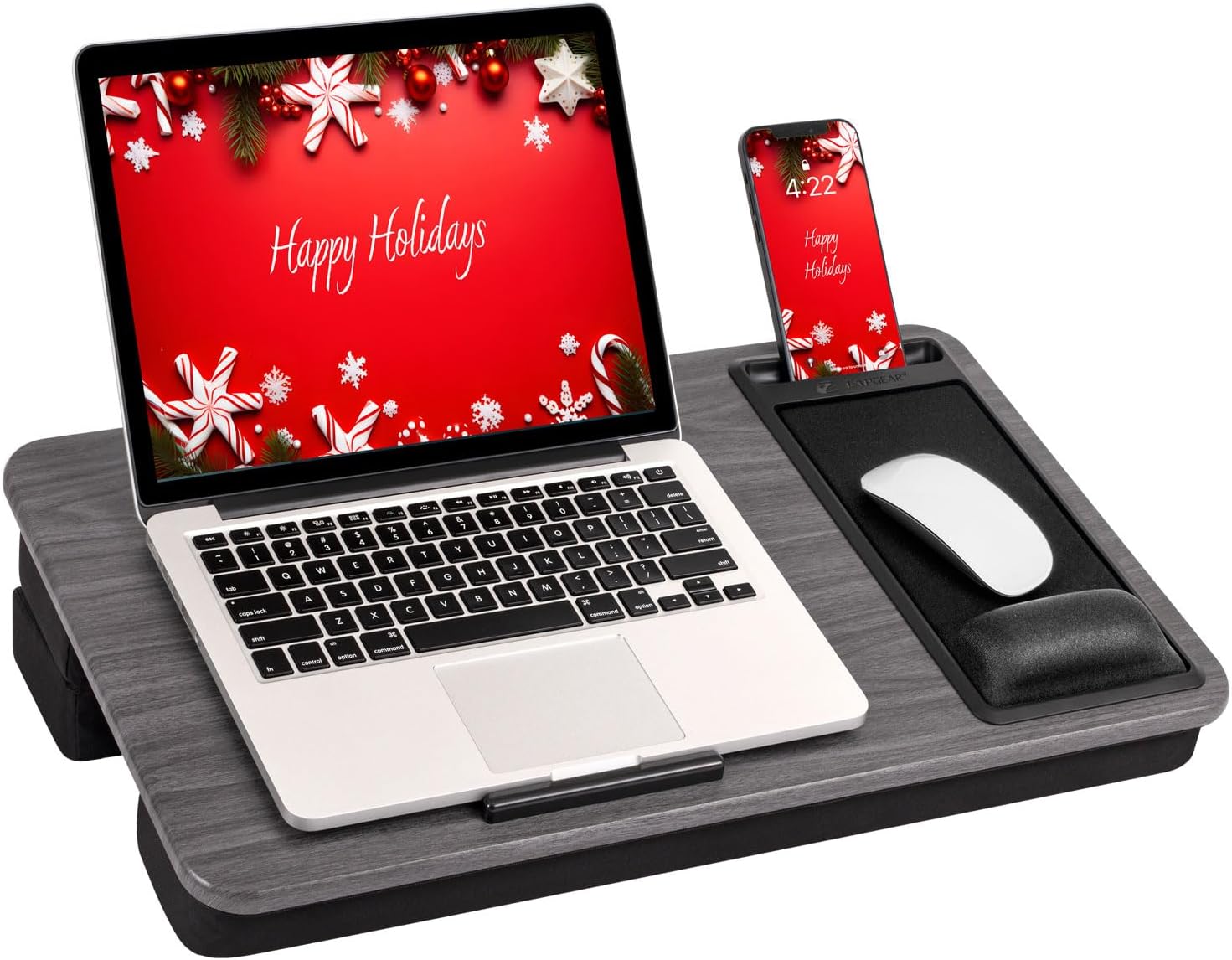 LAPGEAR Extra Large Adjustable Lap Desk with Gel Wrist Rest, Mouse Pad, Phone Holder, Device Ledge, and Booster Cushion - Gray Woodgrain - Fits up to 17.3 Inch Laptops - Style No. 88105