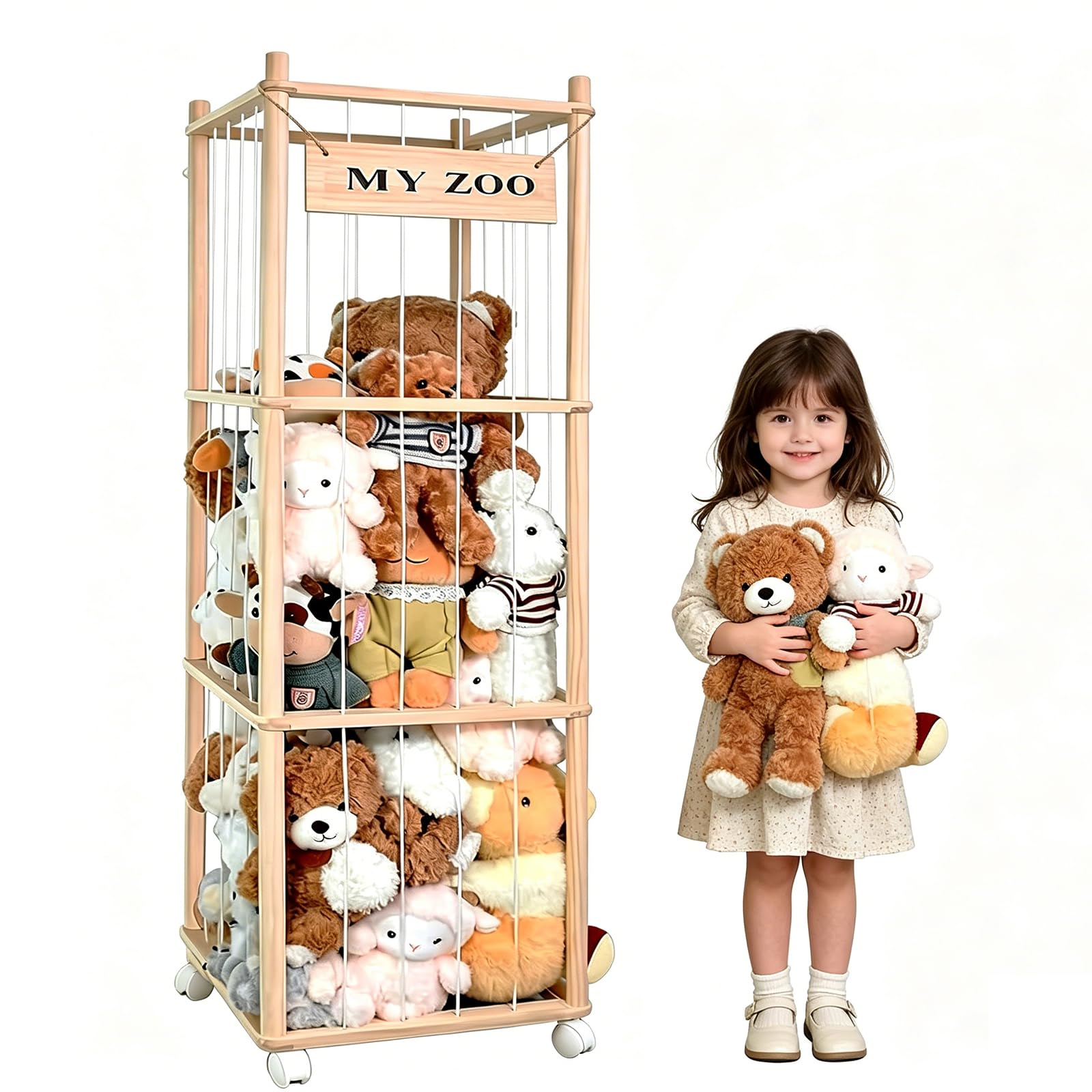 Rangement Peluche 3 Étages en Bois avec Roues Mobiles 360° et Freins–Grande Capacité 137×41cm, Range Peluche pour Chambre Enfant, Salle de Jeux, Crèche, Étagère à Jouets Sécurisée Angles Arrondis