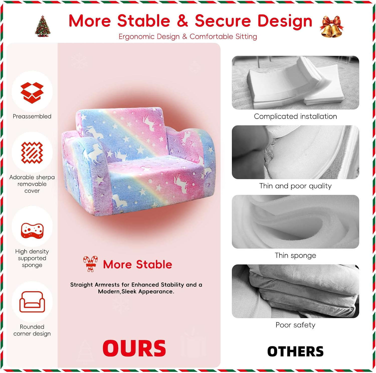 2-in-1 Kids Chair for 2 Seats,Convertible Toddler Couch to Lounger,Comfy Folding Play Sofa for Girls Boys,Glowing Rainbow