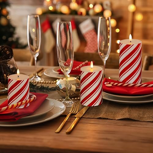 Miniatura 6 de Velas de pilar sin llama de rayas rojas con temporizador, velas parpadeantes de cera real que funcionan con pilas para decoración del hogar de