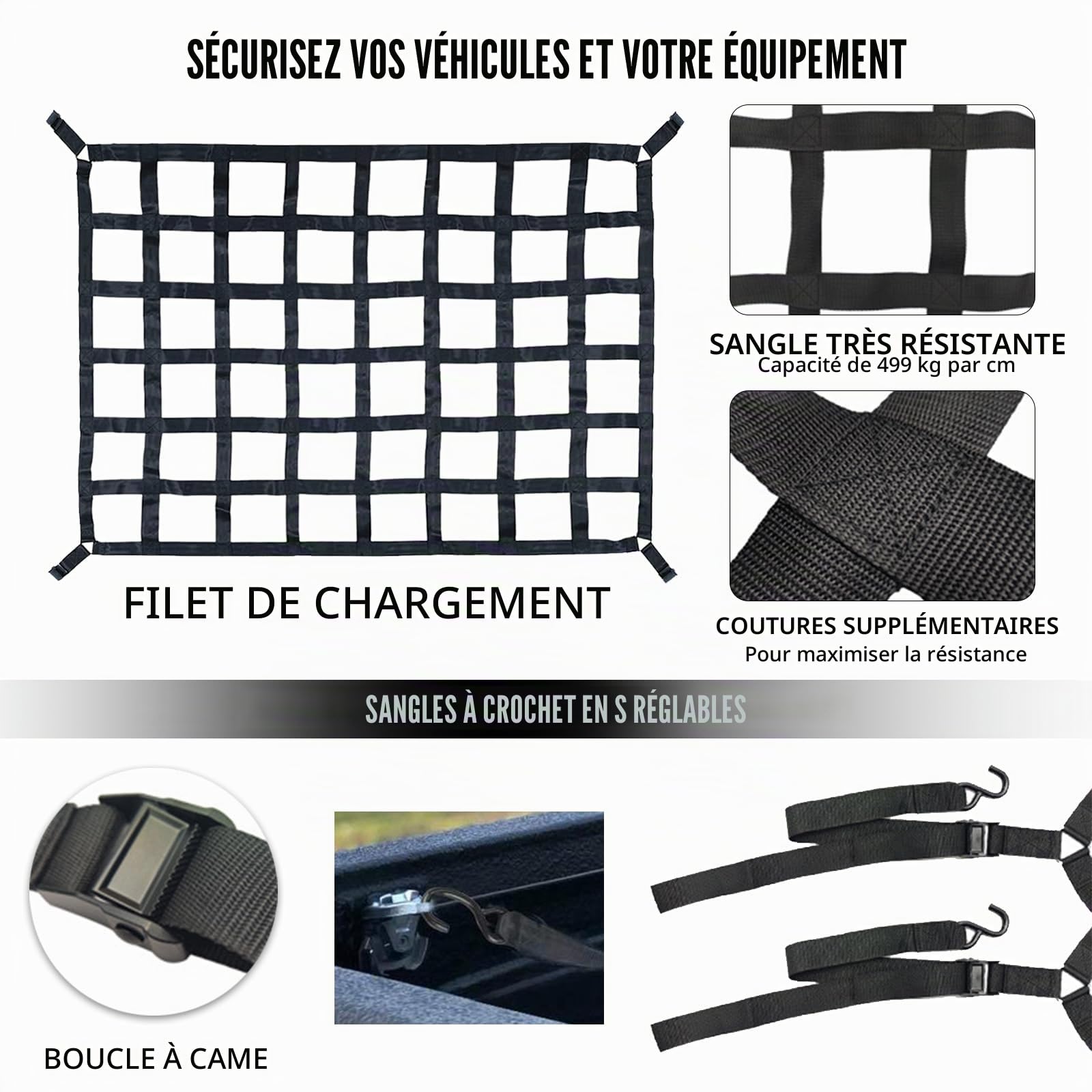 Filet De Rangement Coffre De Voiture, 127 * 106cm Filets De Chargement Lourds Filet à Bagages De Pick-Up Van Filet De Chargement Très Bord éLastique Maintient Les Charges Plus Fermement