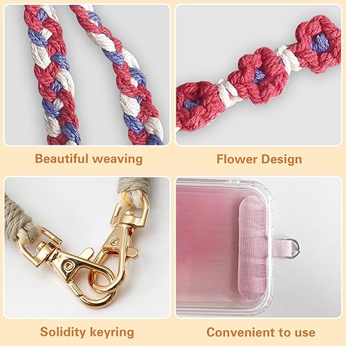 Miniatura 2 de Kunyeah Cordón de macramé para teléfono celular con 2 correas de amarre para teléfono, correa de muñeca bohemia hecha a mano para llavero, bolsa de