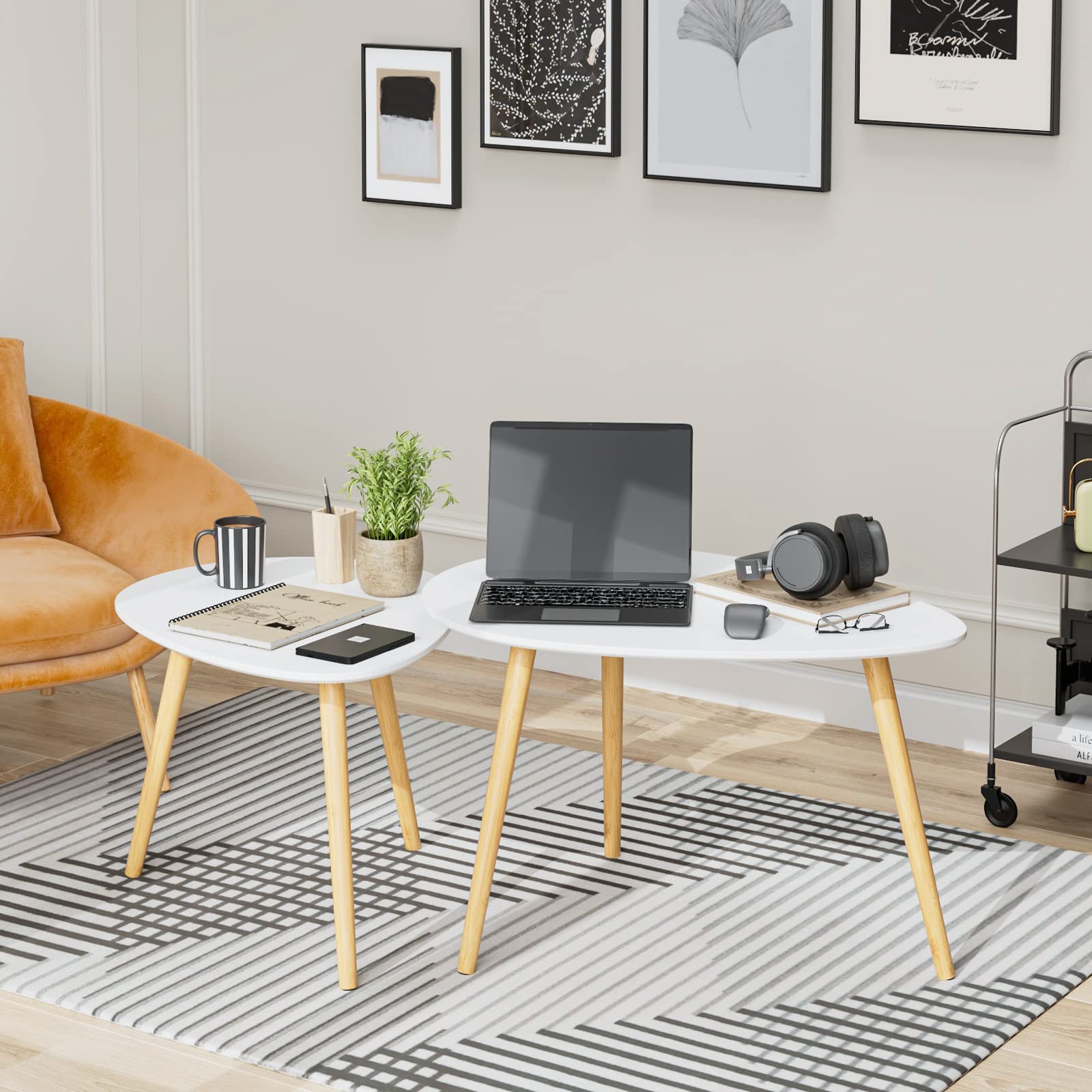 FORHILL Set 2 Tavolini da Salotto,Tavolini Sovrapponibili Stile Scandinavo,Tavolino da caffè Impilabili in Legno,Per Soggiorno,Camera da letto,studio,Bianco