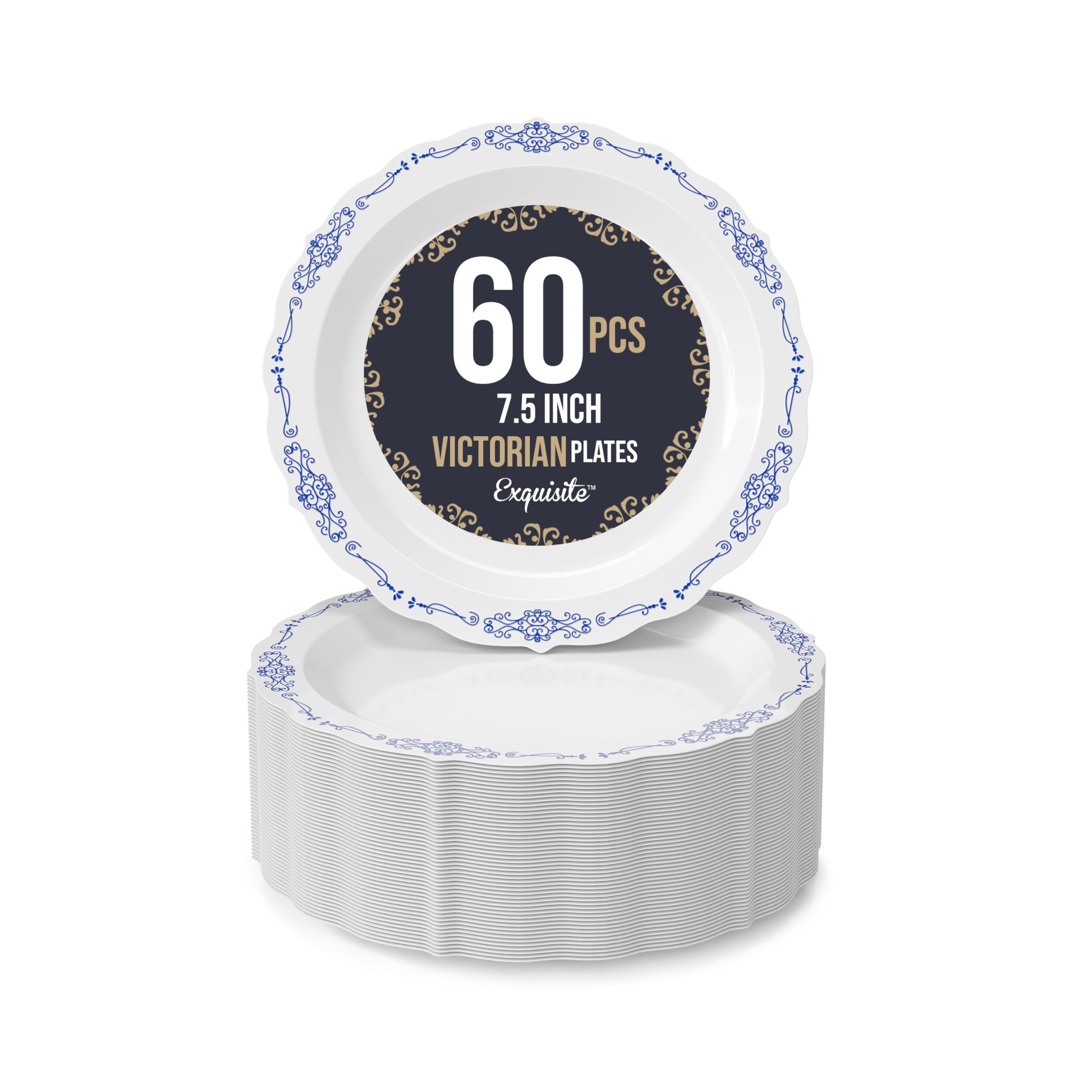 Exquisite Victorian Plastic Plates 60 Piece Set for 60 Guests - 60 x 7.5 inch Disposable Heavy Duty White & Navy