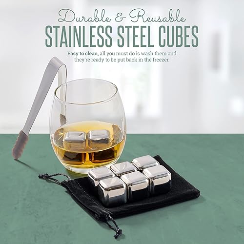 Miniatura 7 de Juego de regalo de piedra de whisky, 8 cubos de acero inoxidable en caja de barril de madera, incluye piedras reutilizables, bolsa de fieltro y