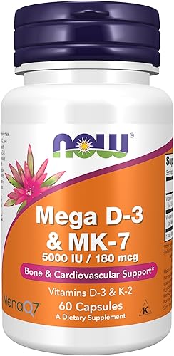 Suplementos Now - Mega D-3 y MK-7 con vitaminas D-3 y K-2 5000 UI180 mcg soporte óseo y cardiovascular 60 cápsulas vegetales Suplementos Now - Mega D-3 y MK-7 con vitaminas D-3 y K-2 5000 UI180 mcg soporte óseo y cardiovascular 60 cápsulas vegetales