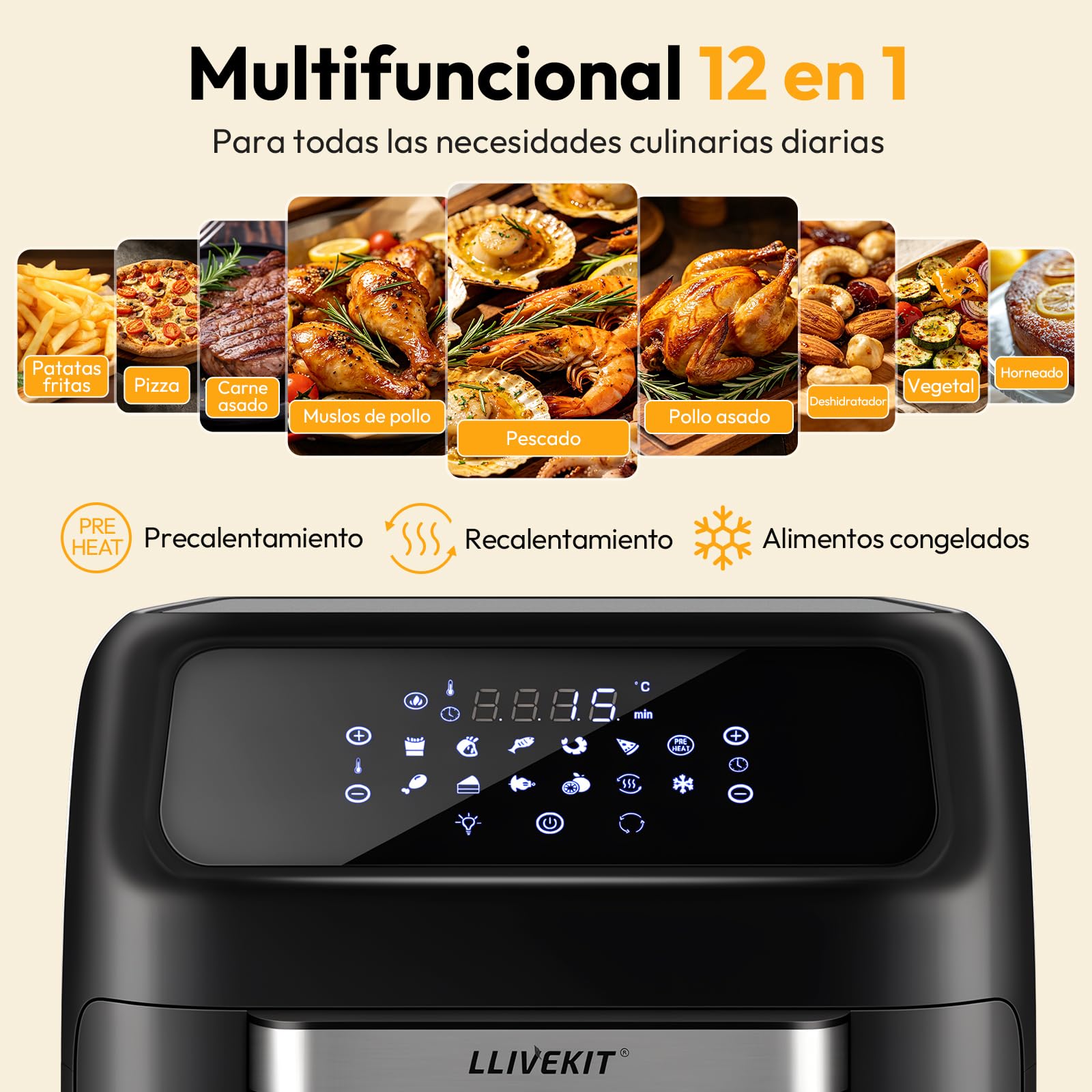 LLIVEKIT Freidora de Aire Caliente 12 L, Horno de Aire Caliente, Mini Horno de 1800 W, Freidora de Aire Sin Aceite 12 en 1 con Pantalla LED Digital, Deshidratador de Frutas, Barbacoa