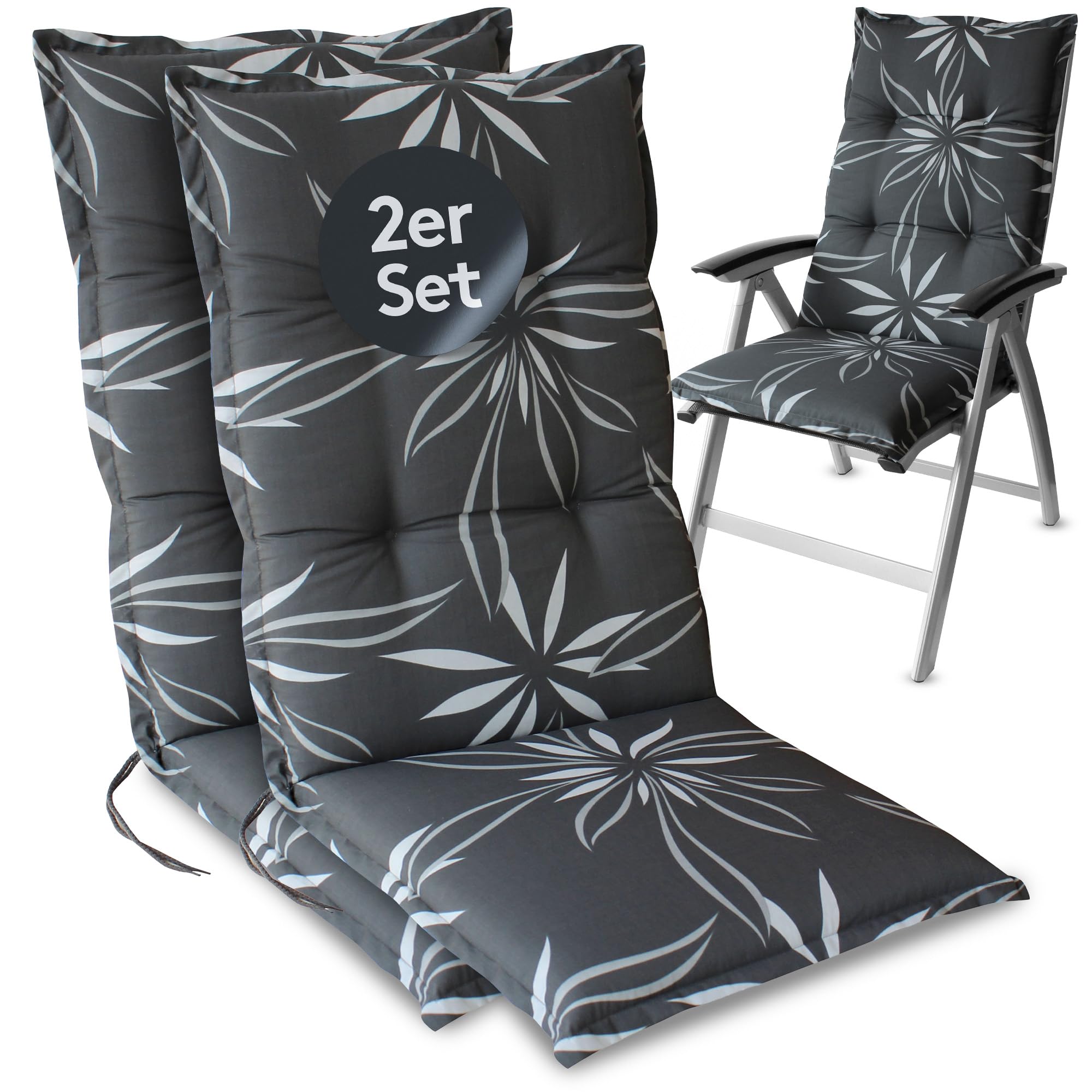 LILENO HOME Gartenstuhl Auflagen als [2er Set - Hochlehner] in Blume Anthrazit-Weiß - Bequeme Liegen als Sitzauflagen für Gartenmöbel - Stuhlkissen für Gartenstühle und Klappstühle