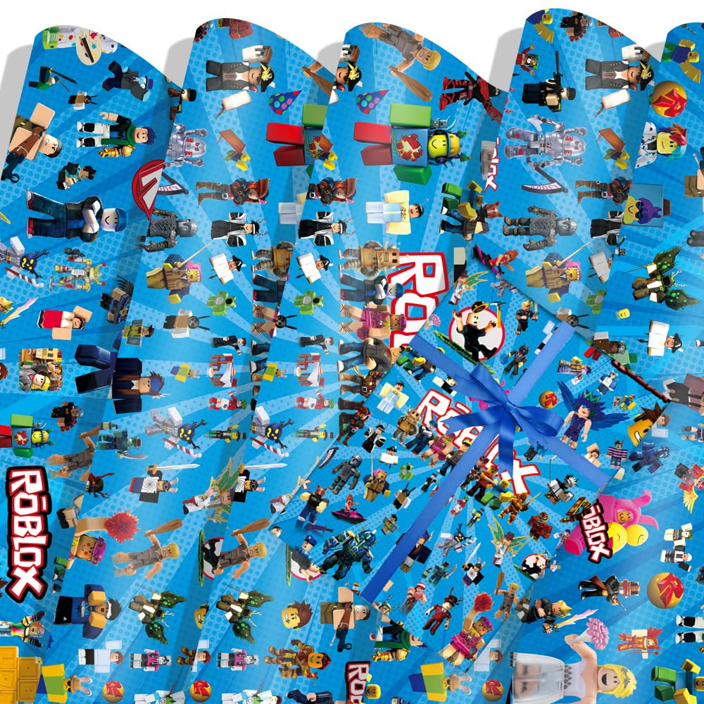 6 Sheets GameRoblox Wrapping Paper Birthday (70cm X 50cm), Gift Wrap Perfect for Kids Birthday Party or Christmas