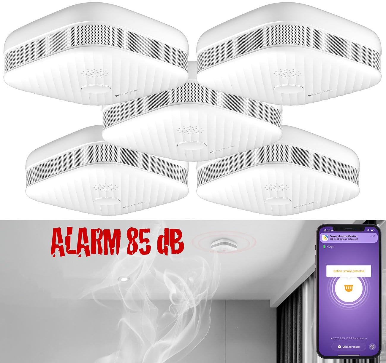VisorTech app per rilevatore di fumo: set da 5 Rilevatore di fumo e calore WLAN, notifiche push globali, 85 dB (su cellulare, wifi per cellulare, radio)