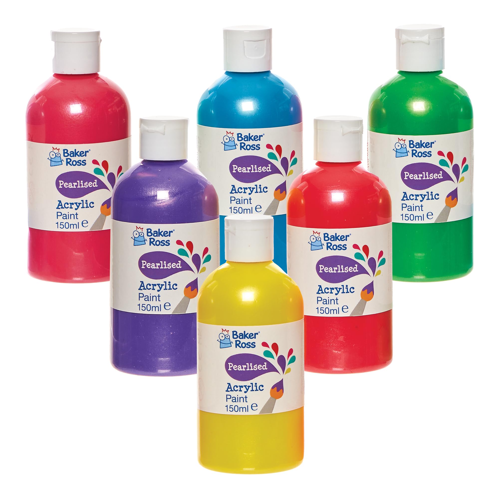 Baker Ross FN246 Pearlised Acrylic Paint Pack 150ml - Box of 6, Paint Value Pack of Bottles, Paint for Kids