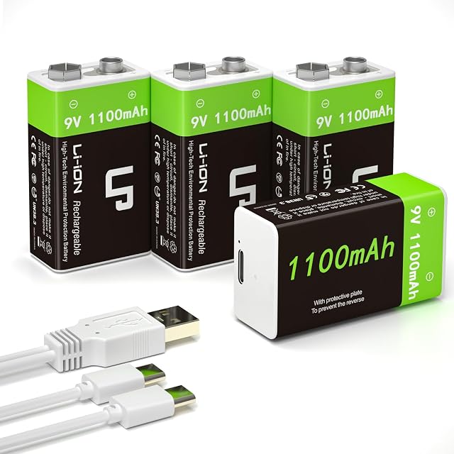 LP 9V Batteries rechargeables au lithium-ion 4-Pack 1100mAh, USB-C Charger 2-in-1 Câble, batterie longue durée pour alarmes de fumée, talkies Walkie, contrôleurs de jeu, micros et lampes de poche