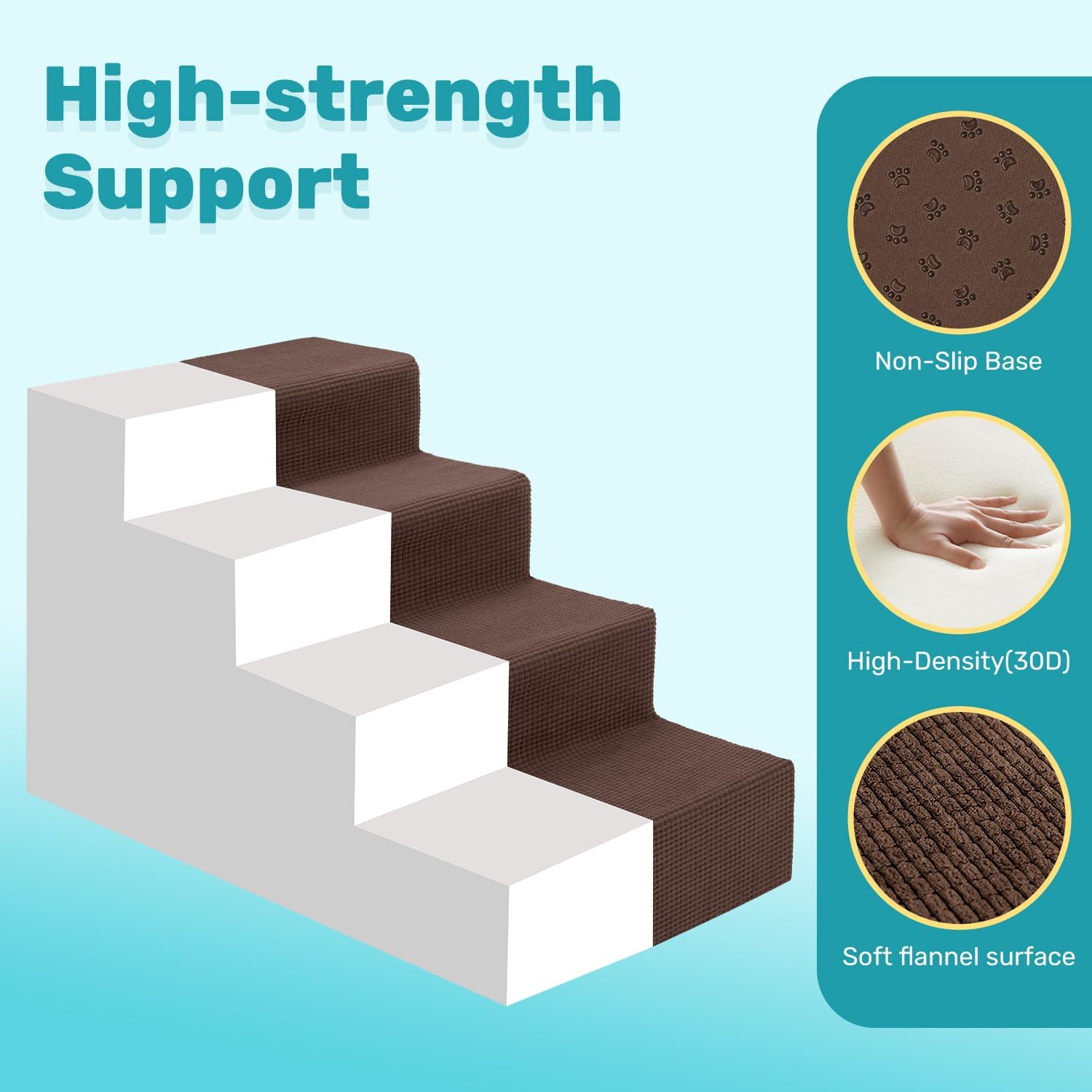 Dog Stairs for Bed, Extra Wide 4-Step Dog Steps for High Bed, High-Density Foam Pet Stairs with Non-Slip Removable Washable Cover for Small Pets, 18" H, Brown