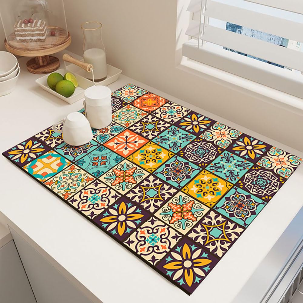 Odot Dish Drainer Mat, Moroccan Style Non Slip Washable Drainer Mat Dish Drying Mats for Kitchen, Nanofiber Diatomaceous Earth Multifunctional Drying Mat (Purple Yellow,50x80cm)